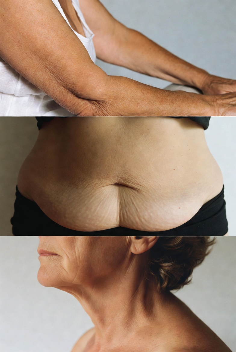 Sinais visíveis da perda de massa muscular após os 50: braços flácidos, pochete e queda na pele do pescoço